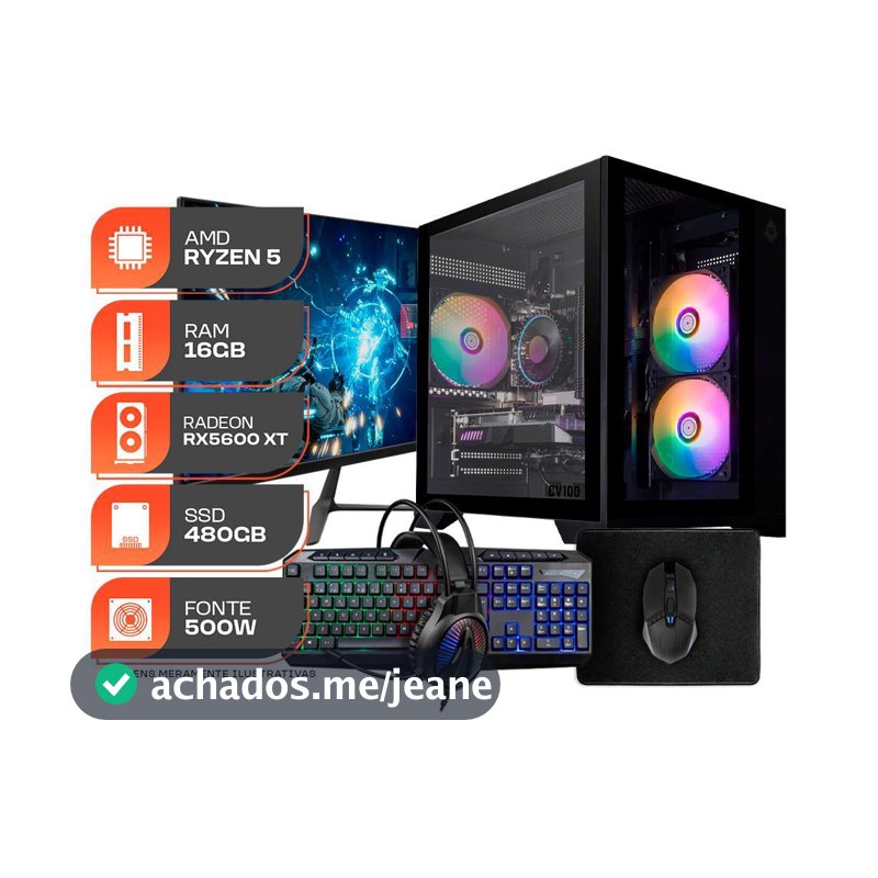 PC Gamer Spectrum, AMD Ryzen 5 5500, Radeon RX 5600 XT 6GB, 16GB DDR4, SSD 480GB, Completo com Monitor 23" 144Hz