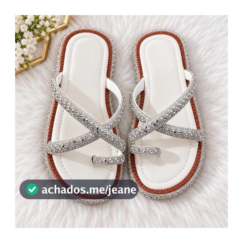 Sandália Feminina Rasteirinha Luxo com Strass Brilho Confortável Casual