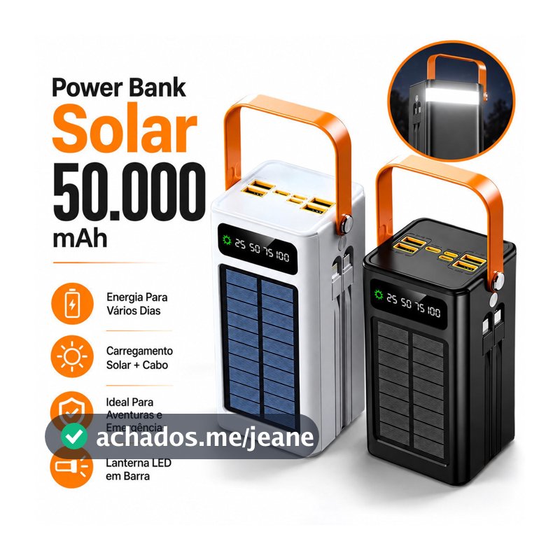 Power Bank Solar 30000/50000mAh Carregador Portátil Grande Capacidade USB com Cabo Universal