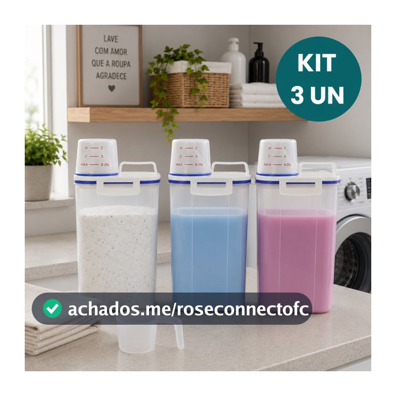 Kit 3 Potes Herméticos 2L Lavanderia Copo Medidor Bico Dosador Porta Sabão em Pó Amaciante Anti Vazamento