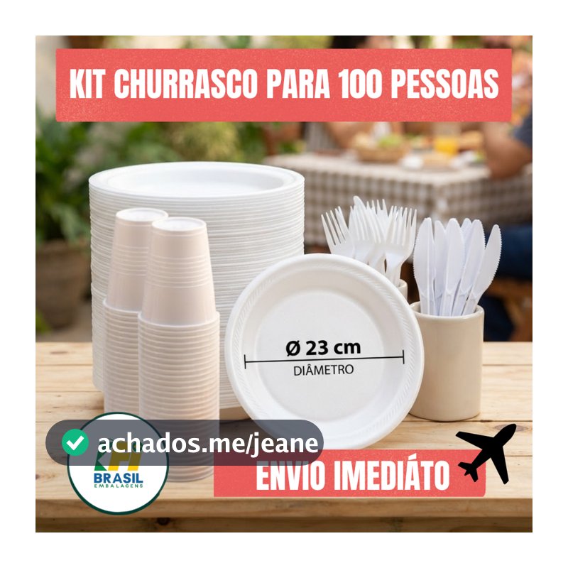 Kit Descartável Festa Churrasco 400 Peças - Prato Isopor 23cm, Copo 180ml, Garfo, Faca e Guardanapo Kit para 100 Pessoas