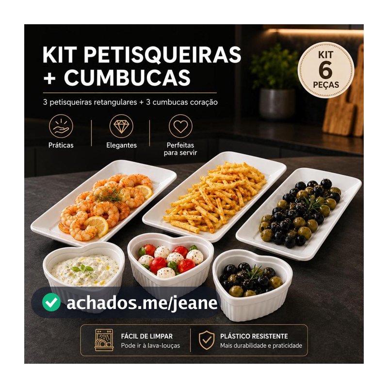 Kit Petisqueira 3un + 3un Cumbuca coração plástico resistente Cor Branco
