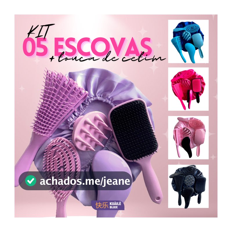 Kit 05 Escova Flex com Raquete Fashion Escova Mágica Massageador de Silicone e Touca de Cetim
