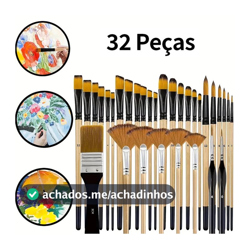 Kit 32 Peças Pincéis De Pintura Para Acrílica, Cerdas De Nylon Premium Com Redondo, Filbert, Plano, Ventilador