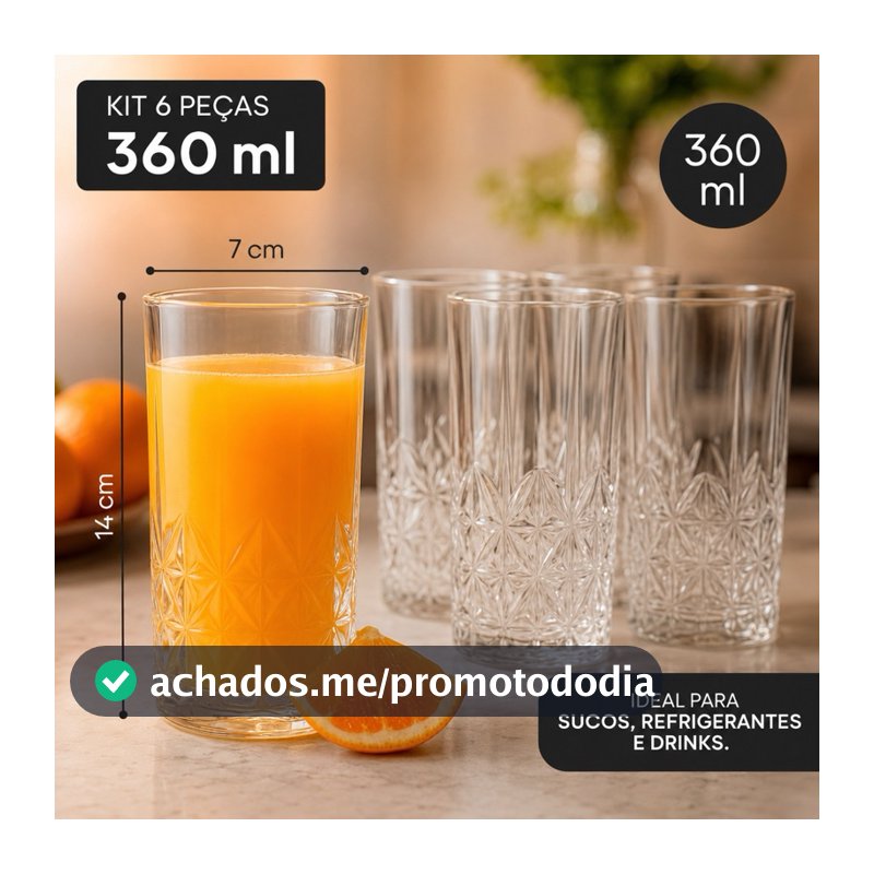 Kit Conjunto 6 Copos Vidro Grande Suco Agua Imperial 360ml Transparente Resistente Para Bebidas
