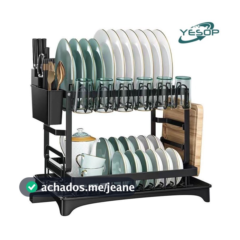 YESOP Escorredor de Louça Organizador de Pia Rack de Cozinha Duplo Aço Carbono Com Porta Talheres