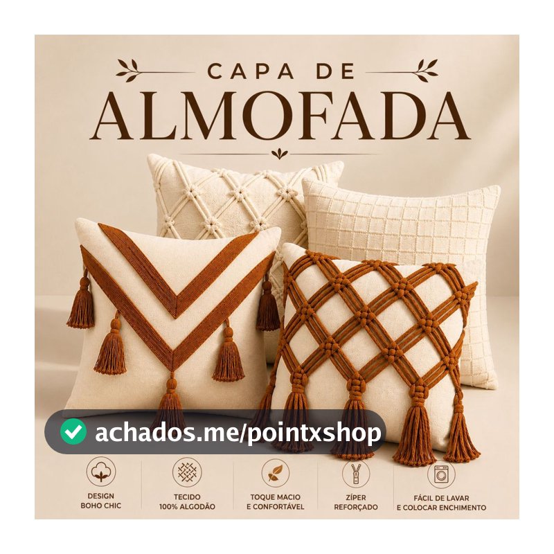 Capa De Almofada Decorativa 45cm x 45cm Boho Chic Algodão Macramê Pompom Artesanal Luxo Para Sofá Sala