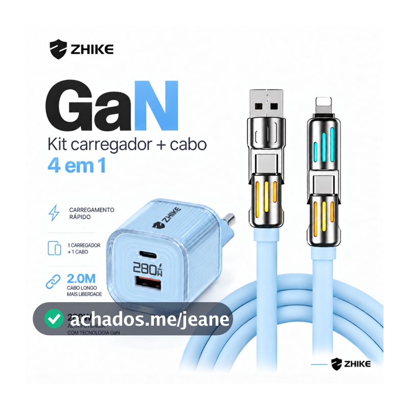 Kit Cabo Carregador Carregamento Rápido ZHIKE Adaptador GaN 4 em 1 Tipo C iP 2.0M Silicone Dados