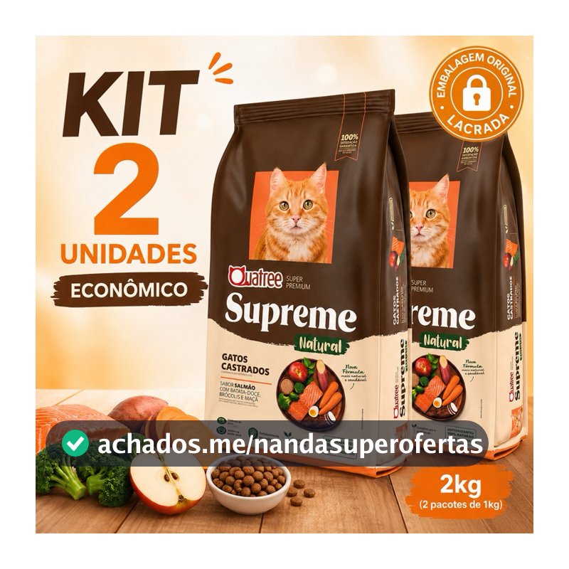 Kit Quatree Supreme Ração Gatos Salmão Super premium nova formula 1kg 2 pacote Ração Gatos Castrados