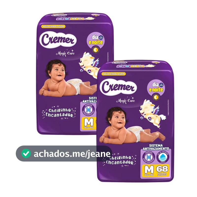 Kit 2 Fraldas Descartáveis Cremer Magic Care Hiper M 68 Tiras