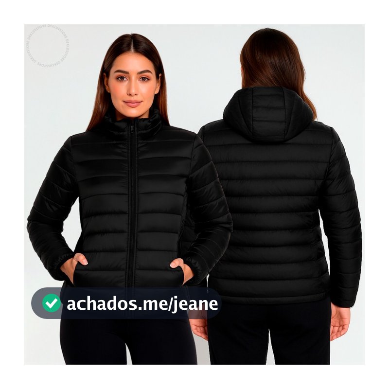 Jaqueta Feminina Puffer Bobojaco Frio Casaco Impermeável Nyon Preto Capuz Removível