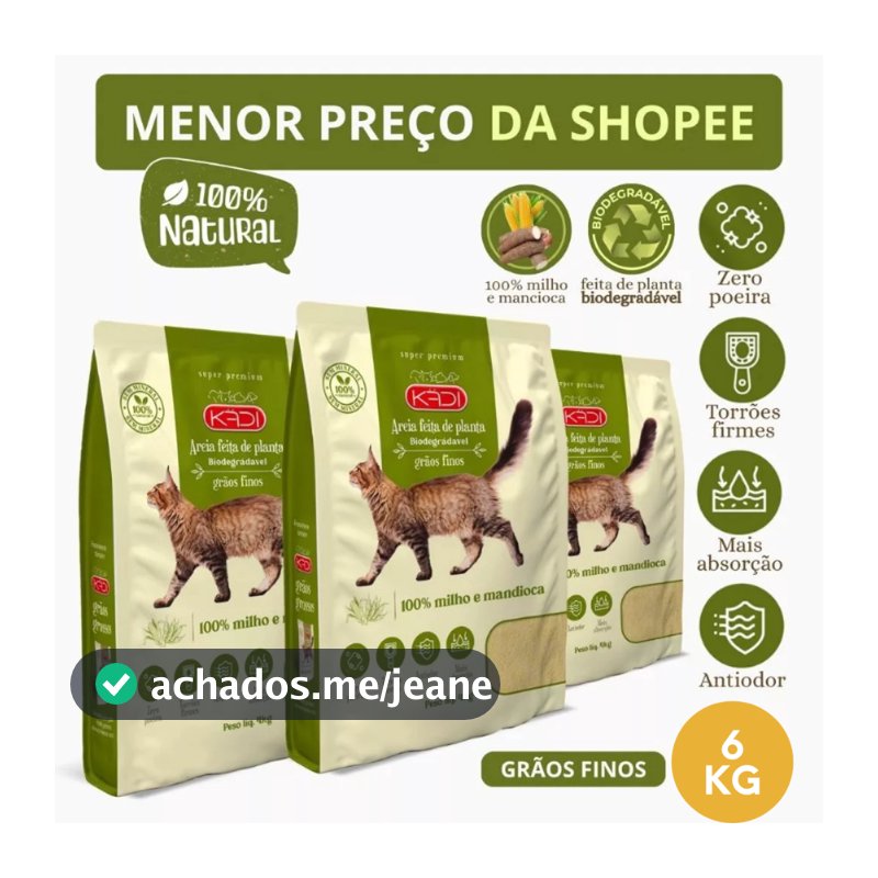 Kit 3 Areia Biodegradável Kadi Grãos Finos Gatos Grão Fino Cat Gato Kit Total 6KG Milho Mandioca Bio