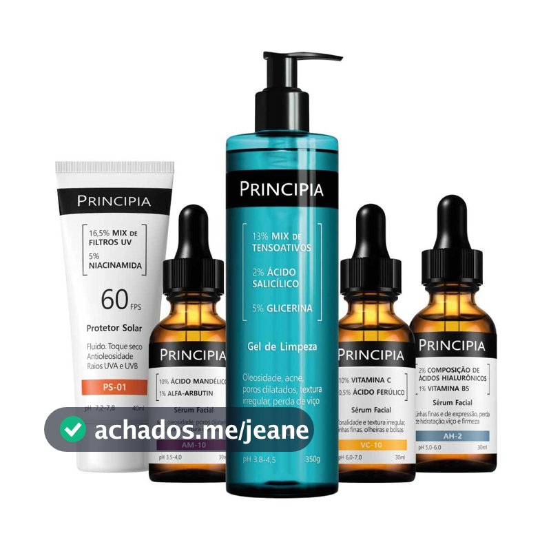 Principia Kit Avançado Pele Luminosa c/ Gel de Limpeza GL-01 + VC-10 + AM-10 + AH-02 + Protetor Solar PS-01 FPS60