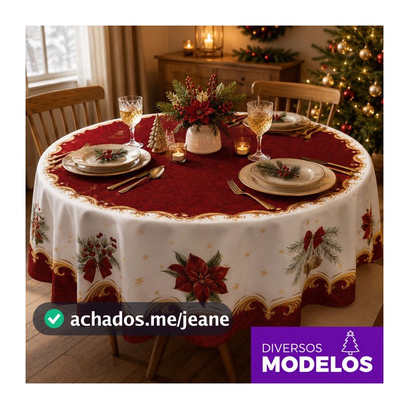 Toalha de Mesa Redonda Natal 4 Lugares Mesa Posta Natalina Em Tecido Oxford 1,40x1,40m