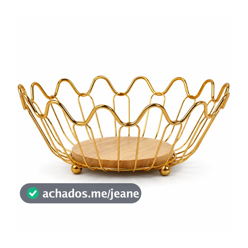 Fruteira de Mesa Aramada Metal Dourado 27cm com Base de Madeira Organizador Decorativo Premium
