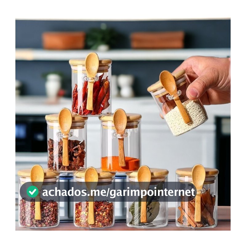 Kit Potes de Vidro 250ml com Tampa e Colher de Bambu Hermético