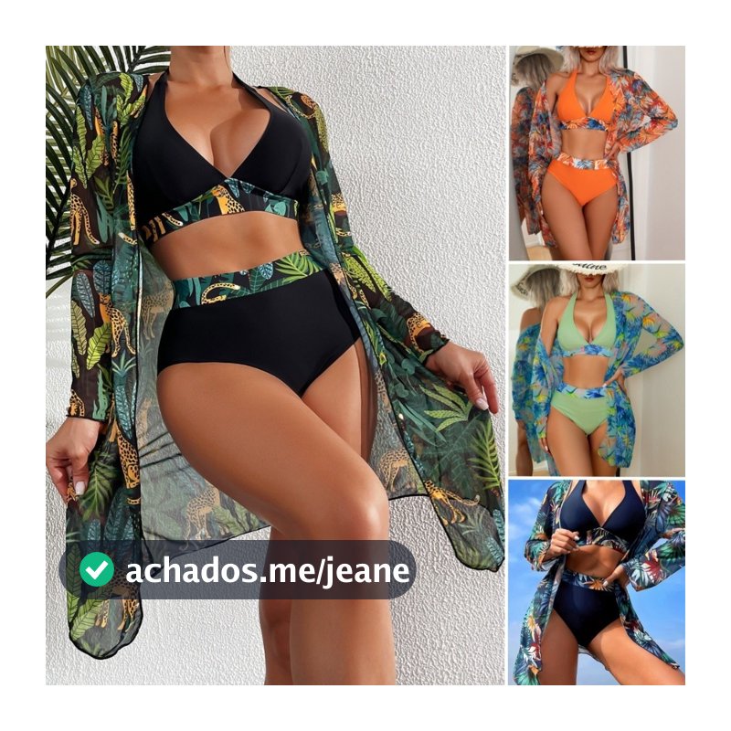 Biquíni com Estampa Tropical Triangular Nada Kangkala com Kimono Combinando Adequado para Praia de Verão