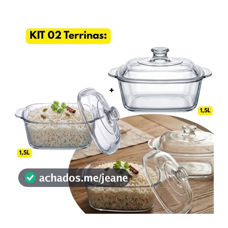 Jogo Kit 02 Terrinas Quadrada Vidro C/ Tampa 1,5L Travessa Refratário Tigela Lasanheira Servir