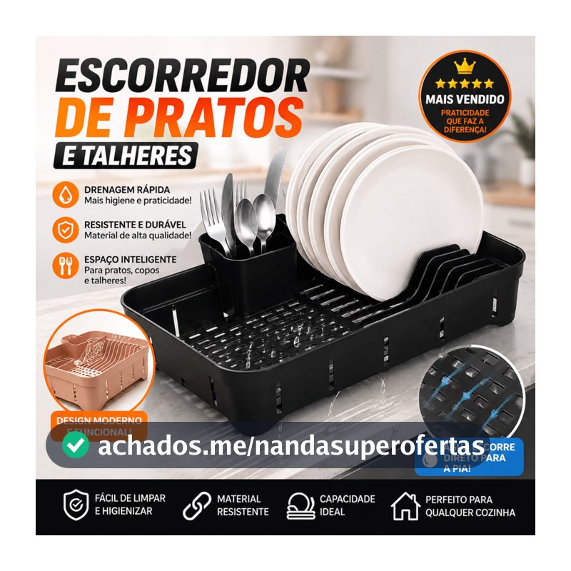 Escorredor de Louças Com Porta Talhares Pratos Copos|Organizador de Pratos Compacto p/ Pia Multiuso