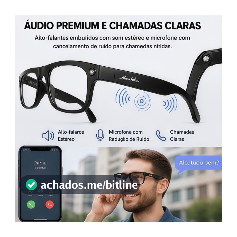 Óculos Inteligente Bluetooth 5.4 Com lanterna HD Grava Áudio 16GB Assistente de Voz