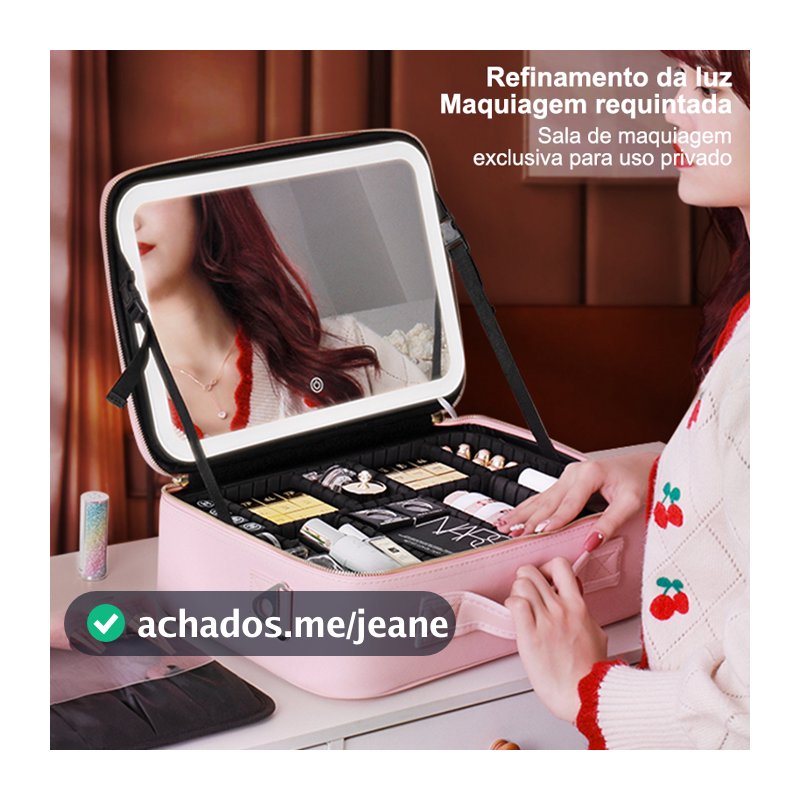 Mala de Maquiagem Profissional TADA - Organizadora Completa com Espelho LED, Couro (Preto/Rosa) - Ideal para Maquiadora