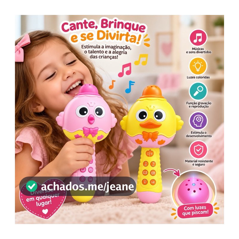 Microfone Infantil Karaokê Bluetooth Musical Patinho com Luzes Sons Vozes Histórias e Músicas Brinquedo Menina