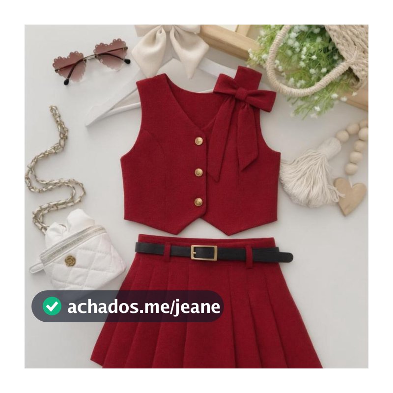 Conjunto infantil vermelho sem manga com laço e saia plissada