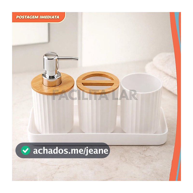 Conjunto Banheiro 4 Peças Branco com Bambu – Dispenser, Porta-Escova, Copo e Bandeja – Design Minimalista