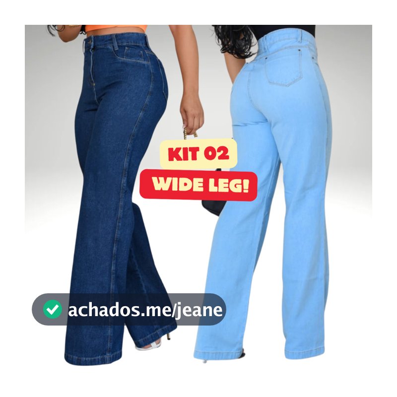 Kit 2 Calças Jeans Wide Leg Pantalona Feminina Cintura Alta Modeladora Clara Escura Carbono