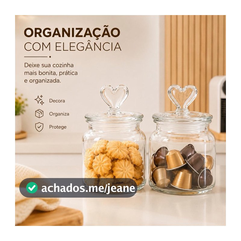 Kit 2 Potes De Vidro  Com Tampa Coração 650ml Hermético Porta Mantimento  Doces Biscoito  Café