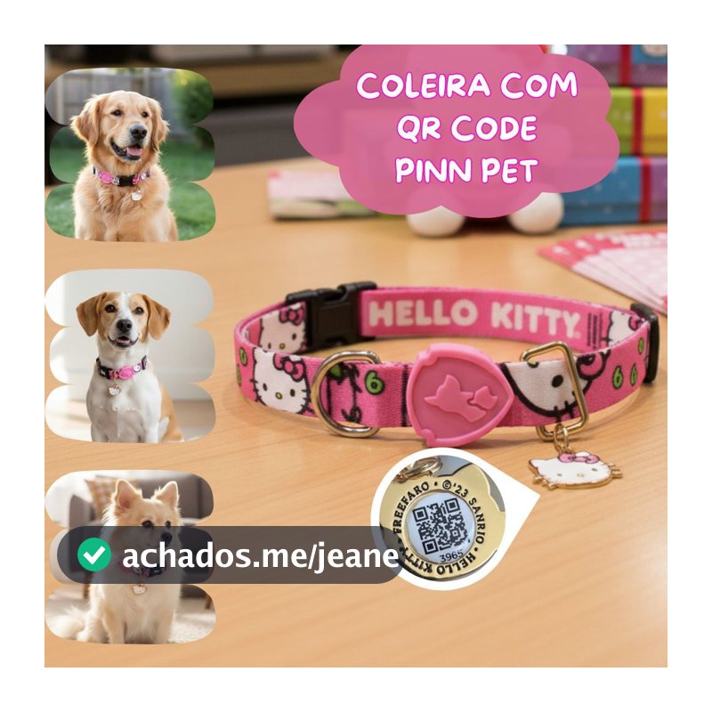 Coleira para Cachorro Hello Kitty com Plaquinha QR Code Identificação Pet
