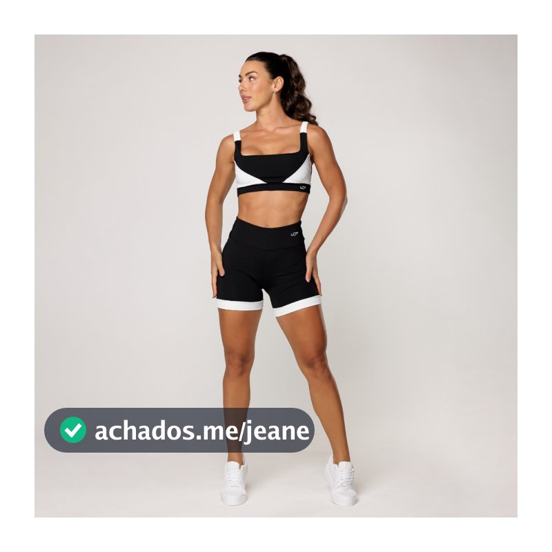 Conjunto Feminino Academia Top Preto com Recorte Branco Short Fitness Elevate