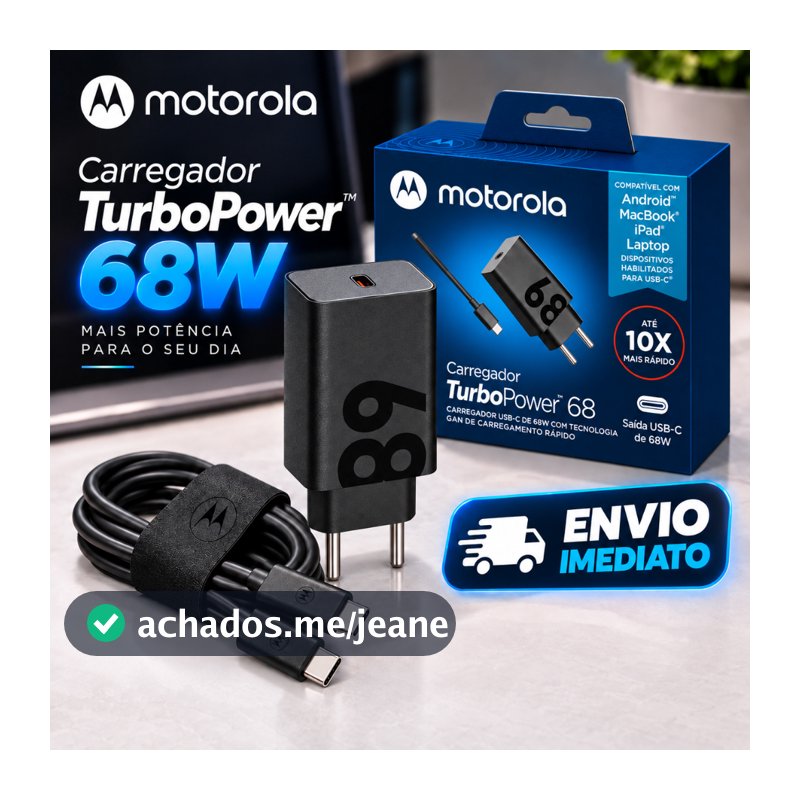 Carregador Motorola Original Turbo Power 68W Tipo C Carga Rápida + Cabo USB-C 1 Metro