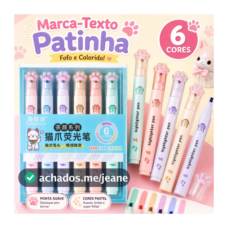 Kit Marca-Texto Patinha de Gato 6 Cores Pastel Ponta Chanfrada Papelaria Kawaii Escolar