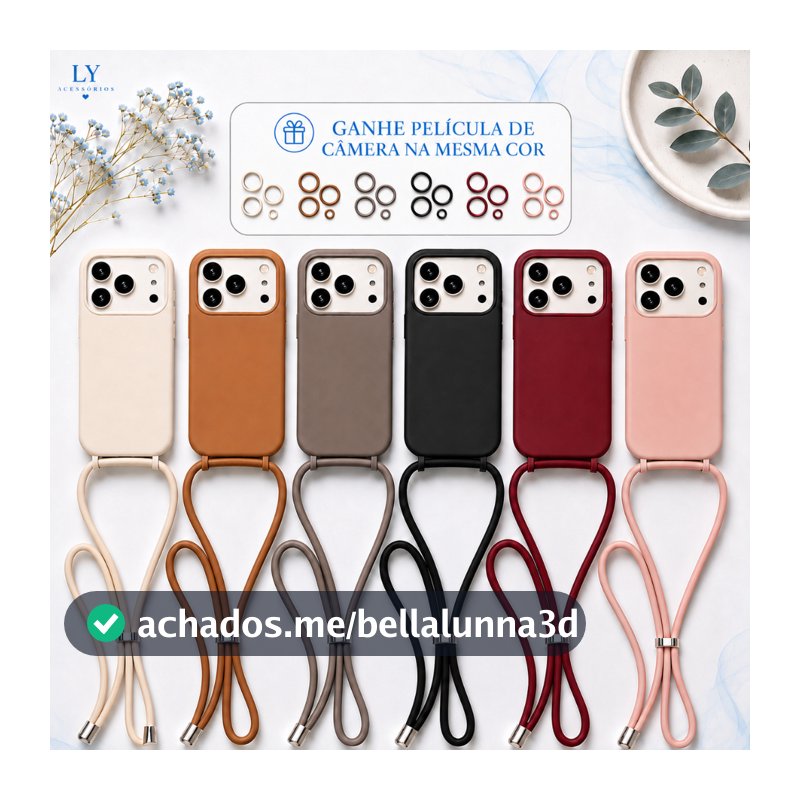 Capa Capinha com Cordão para iPhone 17 17 Air 16 16E/17E 15 14 13 12 11 Pro Max TPU Aveludada Antichoque