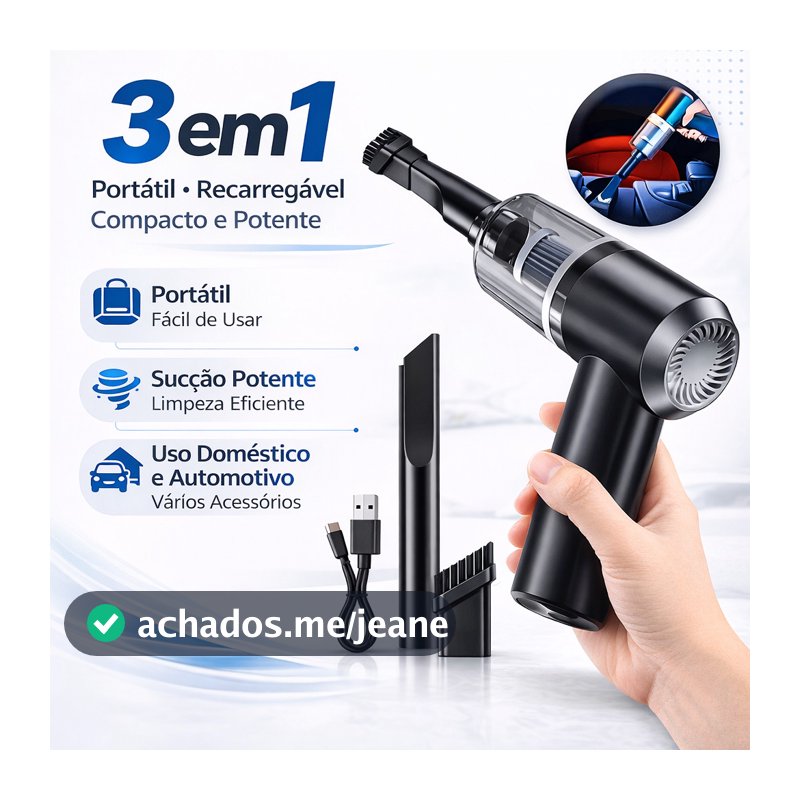 Aspirador de Pó Portátil 3 em 1 USB Recarregável sem Fio para Carro, Casa e Teclado