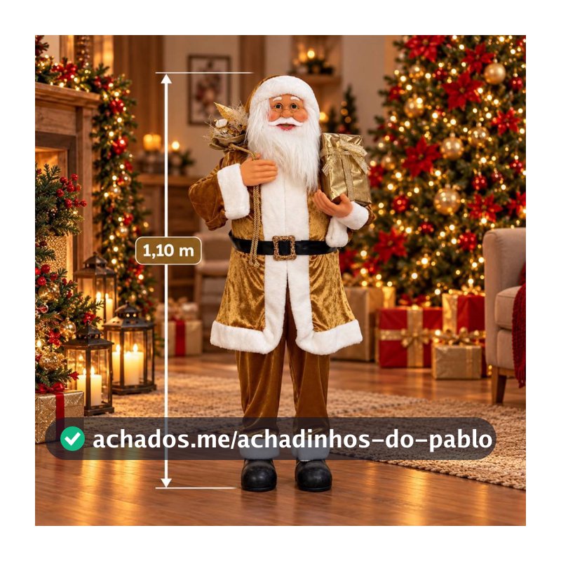 Boneco Papai Noel Grande 1,10 Dourado Estampado Natalino Para Decoração De Natal Decorativo