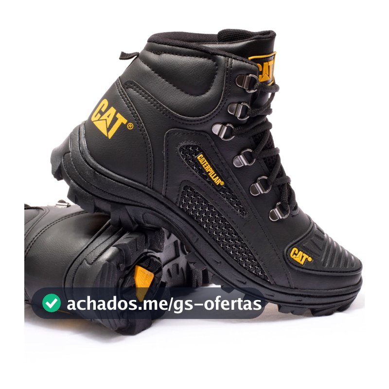 Bota CAT Coturno Preto Palmilha Gel Ortopédica Couro Masculino Promoção Envio Rápido