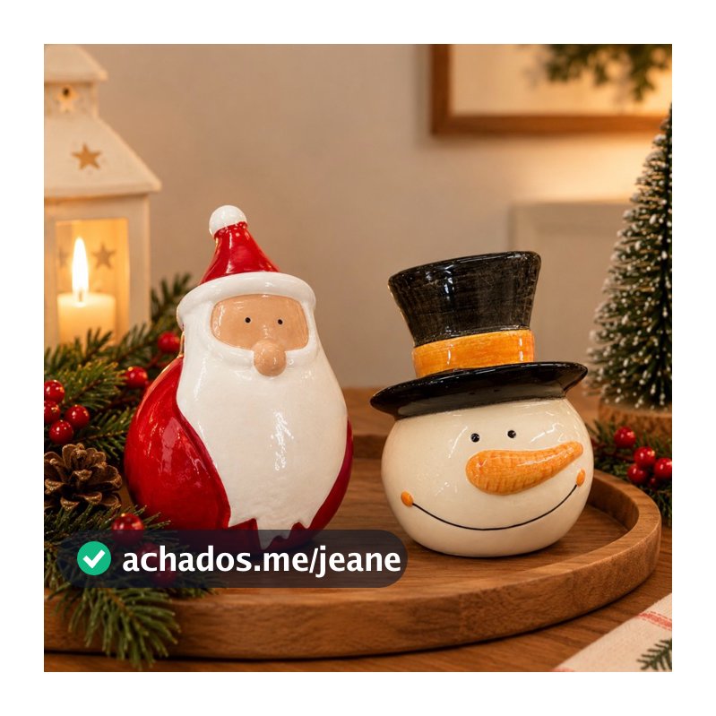 Kit 2 Enfeites de Natal em Cerâmica | Papai Noel + Boneco de Neve | Decoração Natalina