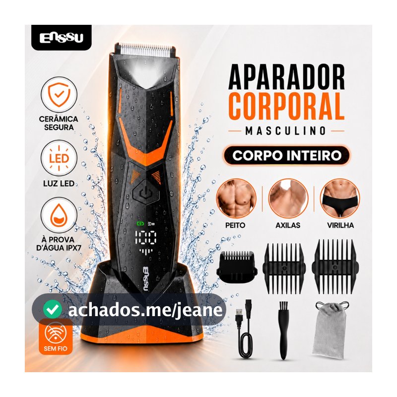 Aparador de Pelos Corporal Masculino ENSSU Sem Fio Recarregável LED Impermeável IPX7 Corpo Inteiro