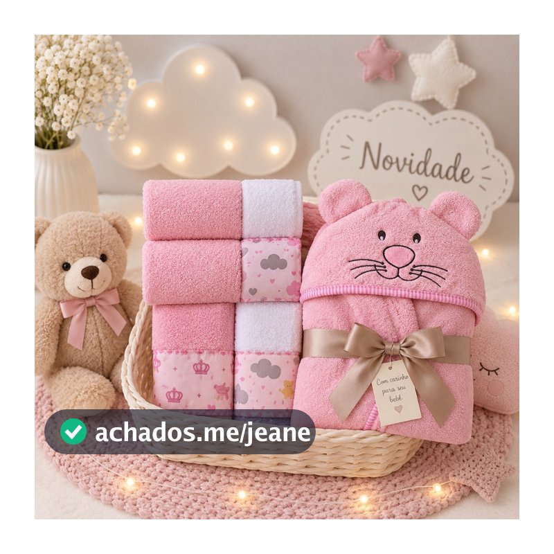 Kit Enxoval Bebê Toalha com Capuz Bordado + 5 Toalhinhas Boca Ombro Felpudas