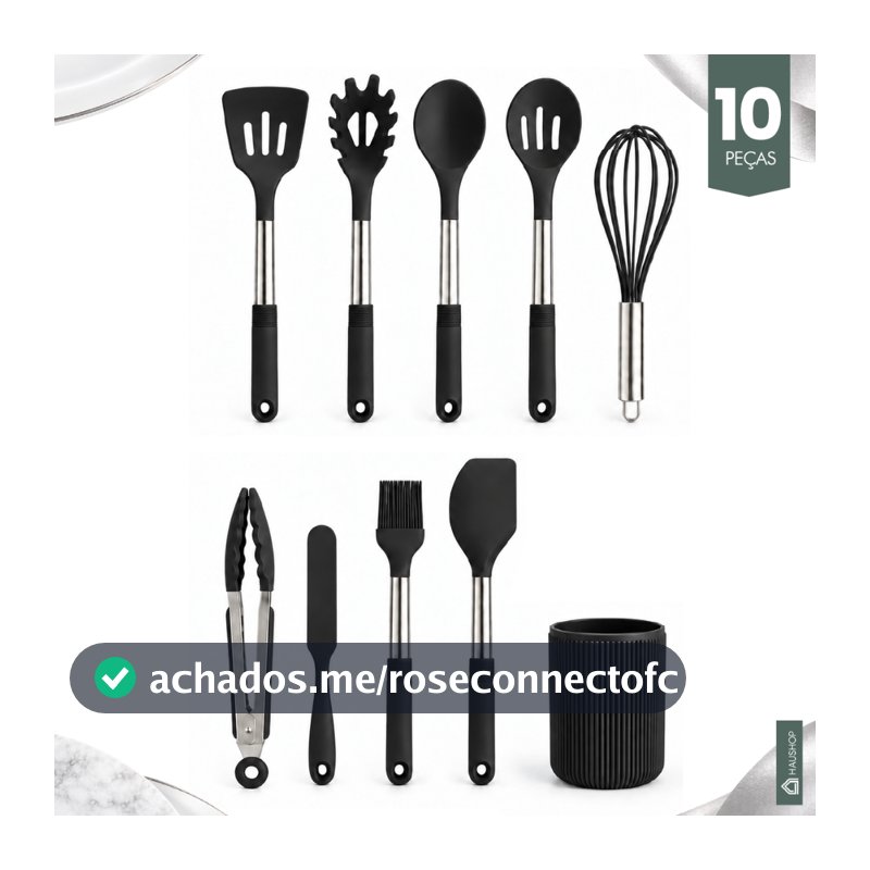 Kit Utensílios Cozinha 10 Peças Silicone Cabo Inox Grande Premium com Suporte: Não Enferruja Resistente Haushop Completo