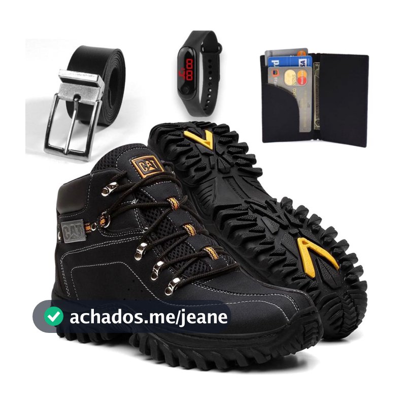 Combo Bota Masculina Caterpillar Adventure de Couro Impermeavel Macio + Carteira Relogio e Cinto