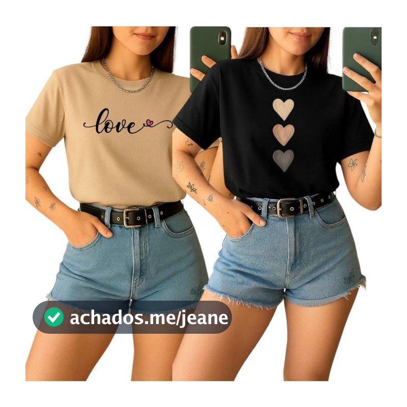Kit 2 Camisetas Femininas Love Coração Estampada Algodão Premium Básica