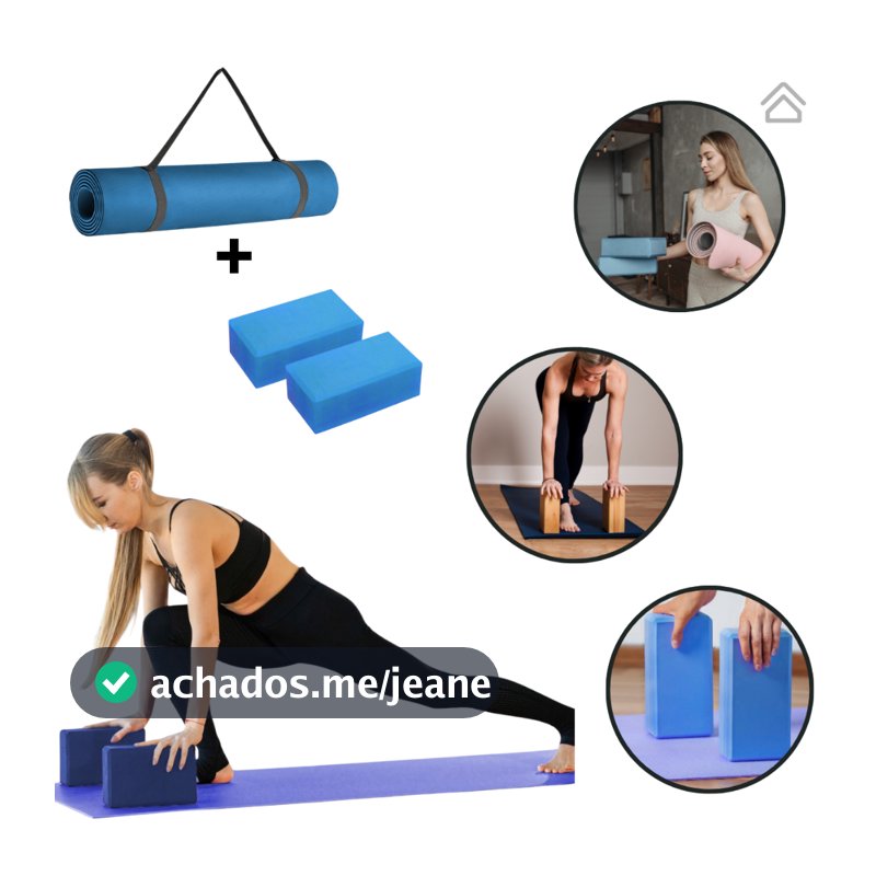 Kit Tapete Yogamat Tatame 1,70mx55cmx5mm e 2 Blocos Eva Tijolo Par Fit