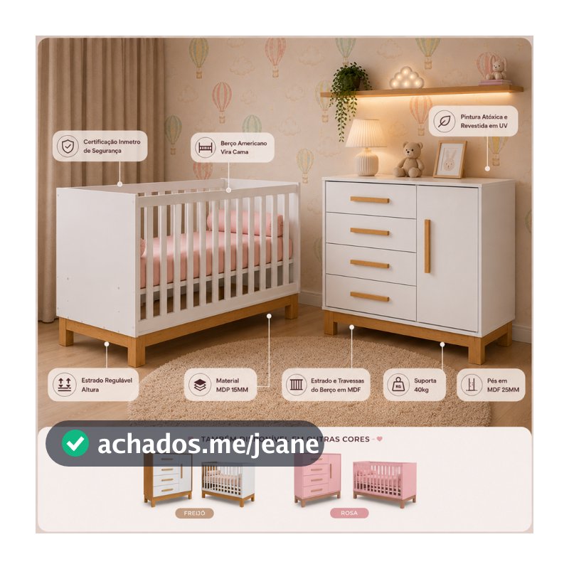 Quarto Bebe Infantil Q Encanto Berço Vira Cama e Comoda Sapateira 1 Porta 4 Gavetas Slim Qmovi