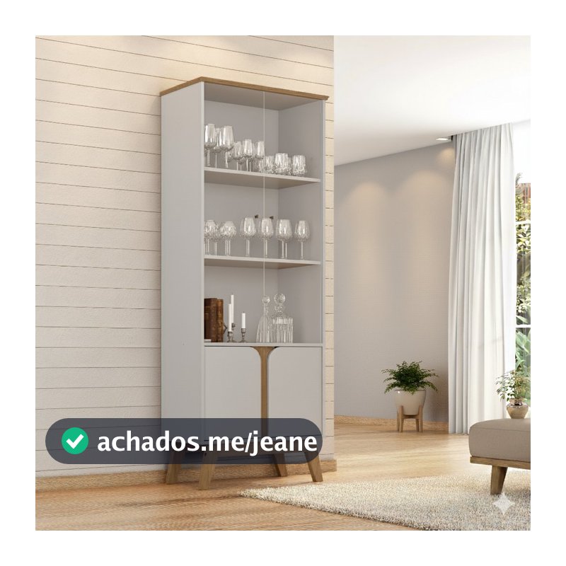 Cristaleira Retrô Portas de Vidro Fecho Magnético Pés Madeira Madri Branco/Off White/Cinamomo Off White/Cinamomo