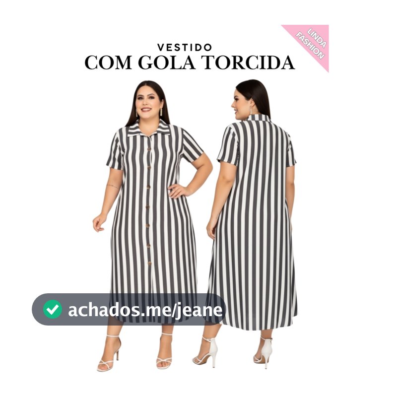 Vestido Chemise Feminino Manga Curta Bolsos e Botões Frontais Listrada Viscolycra Midi Plus Size