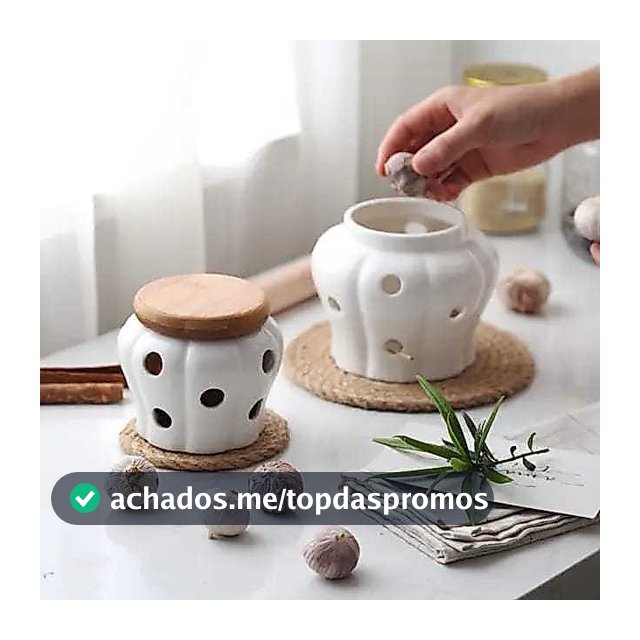 Porta Alho Porcelana Ceramica Branca Com Tampa Bambu Porta Condimentos