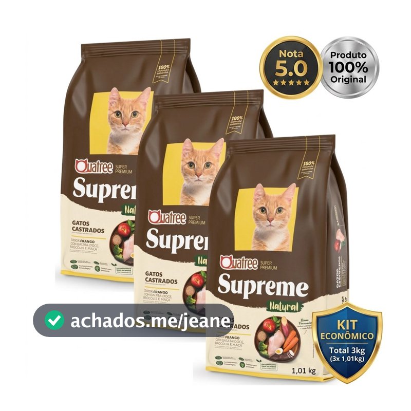 KIT 3 RAÇÃO QUATREE SUPREME GATO CASTRADO FRANGO E BATATA DOCE OU SALMÃO E BATATA DOCE = 3 KG